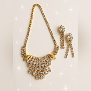 Vintage Gold-Tone Rhinestone Necklace & Dangle Earrings Set